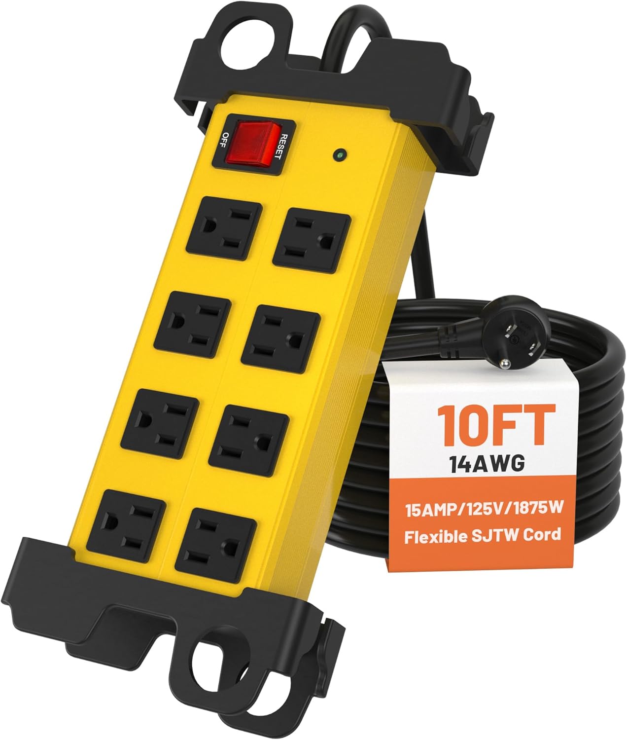 8 Outlet Heavy Duty Power Strip, 2700J Surge Protector with 10FT Extension Cord, Industrial Metal Powerstrip 15Amp, Wall Mount for Garage Workshop Outdoor Home Office, Wide Spaced (10ft)