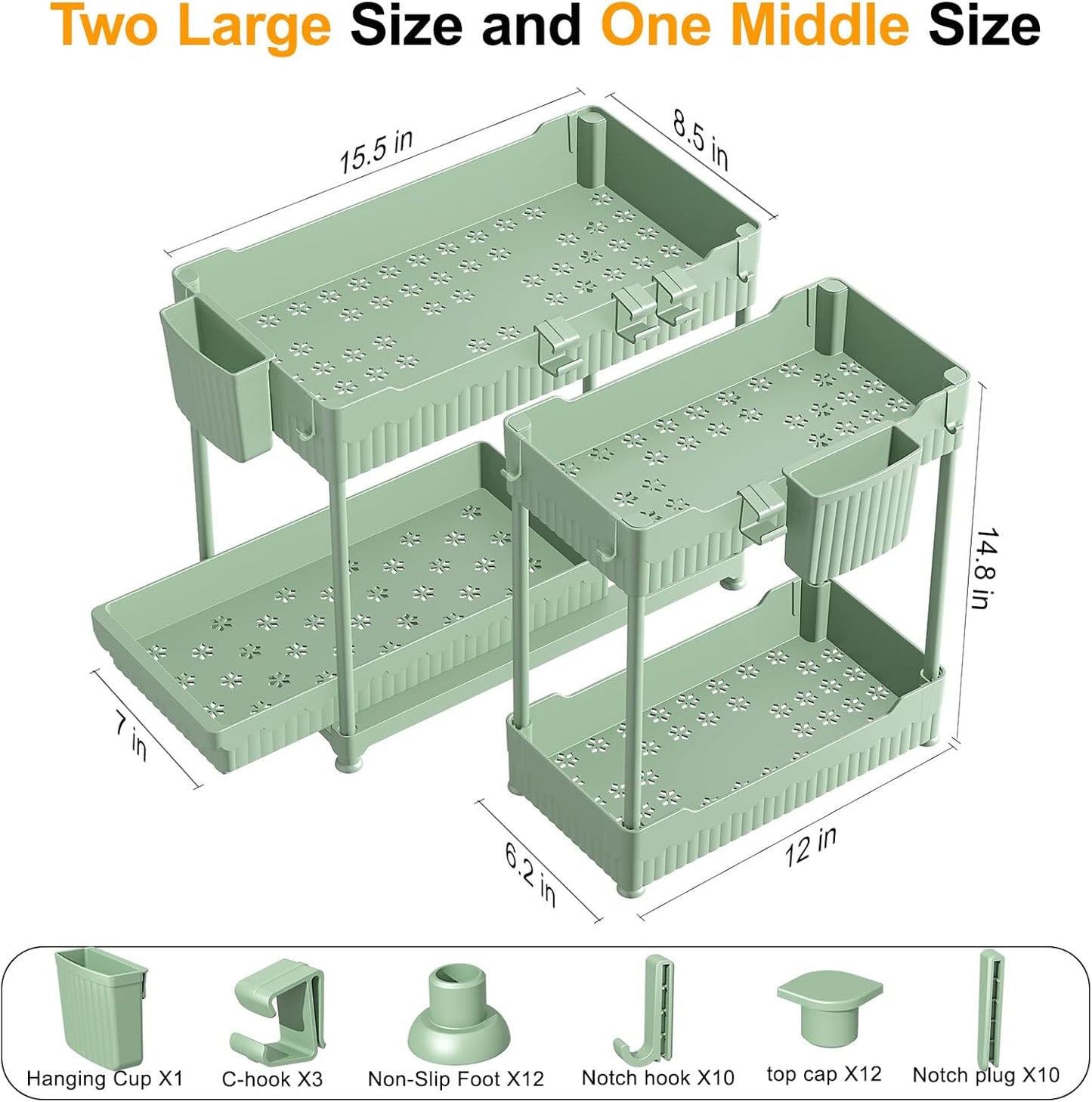 3 Pack Under Sink Organizers, 2-Tier Multi-Use Kitchen and Bathroom Organizers and Storage with Sliding Drawers，Bathroom Cabinet Organizer (Green, 14.8 Inch)