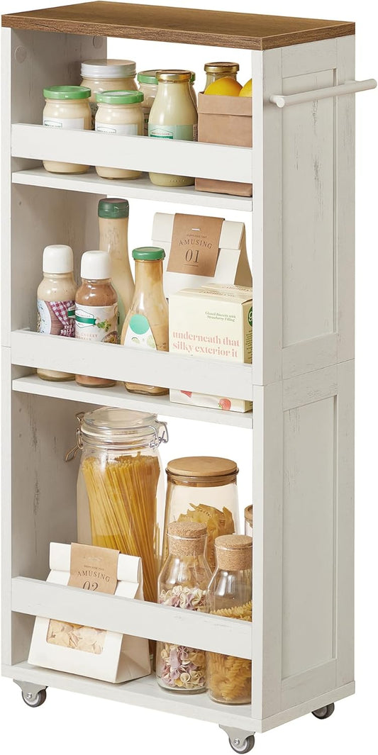 VASAGLE 4-Tier Slide-Out Storage Cart, Slim Kitchen Cart for Small Spaces, with Wheels, Handle, Bathroom, Laundry Room, 7.9 x 17 x 34.1 Inches, Rustic White and Honey Brown ULRC051K01
