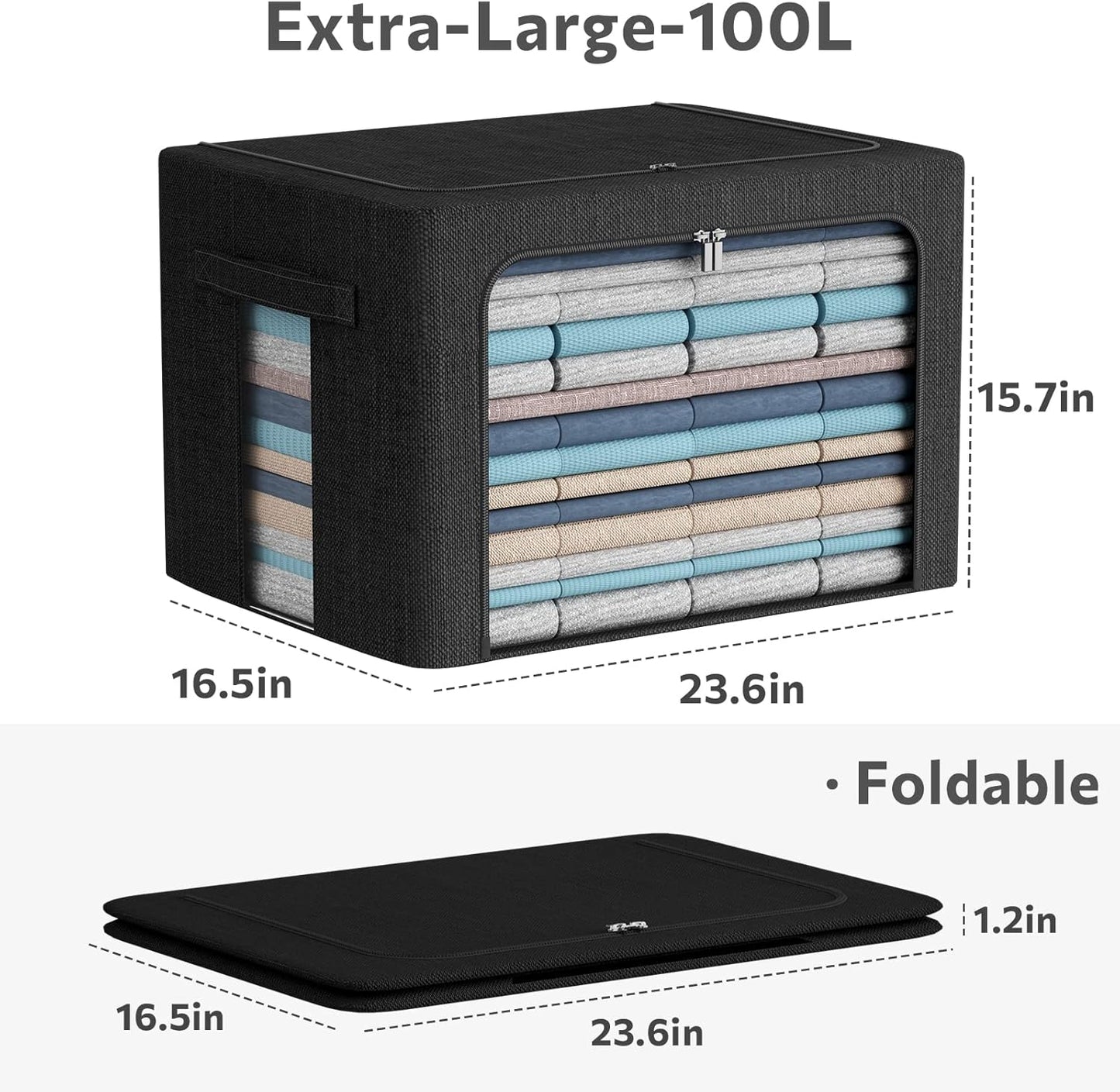 CYhom Extra Large Clothes Storage Bins Box - Linen Fabric Foldable Stackable Container Organizer Set with Clear Window & Carry Handles & Metal Frame (Black, Extra Large-100L)