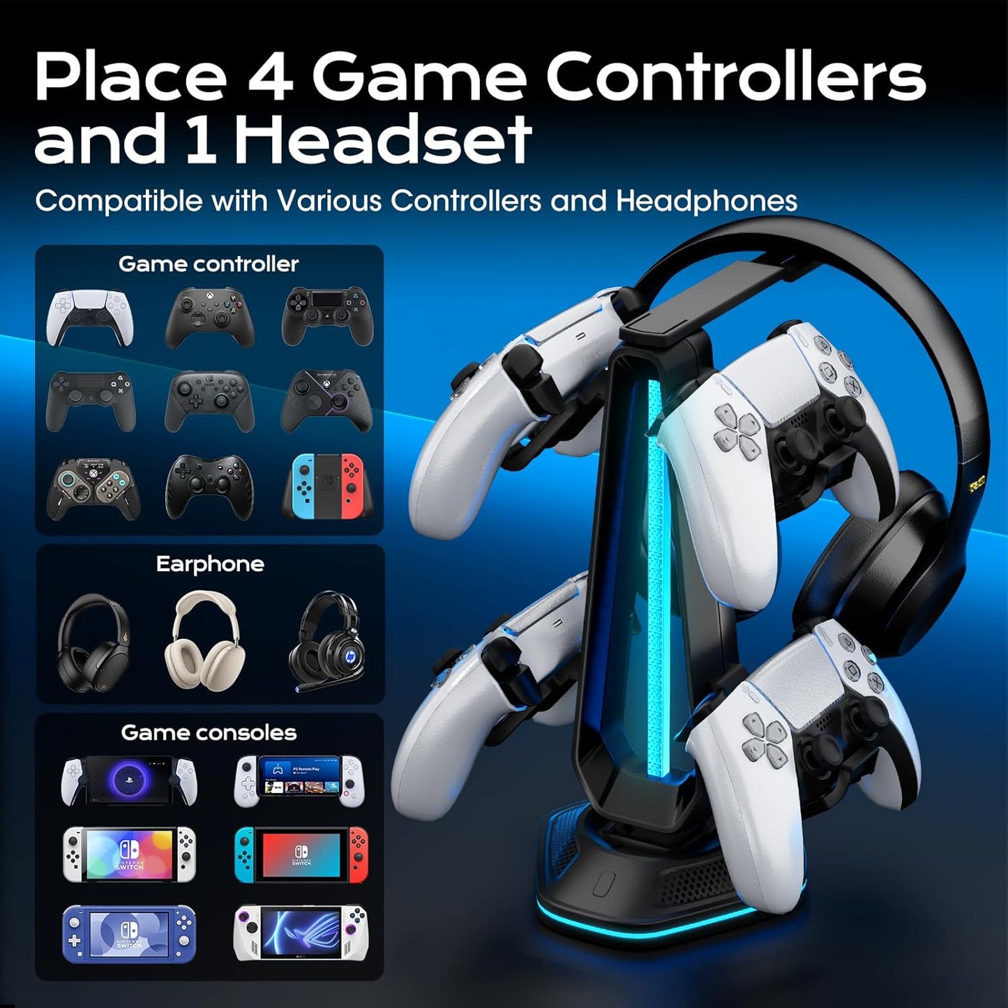 Saitake RGB Controller Holder with 9 Light Modes,Controller Stand with 2 USB Ports,Headset Stand for Desk-Headphone Holder Suitable for All Headphones and Controllers