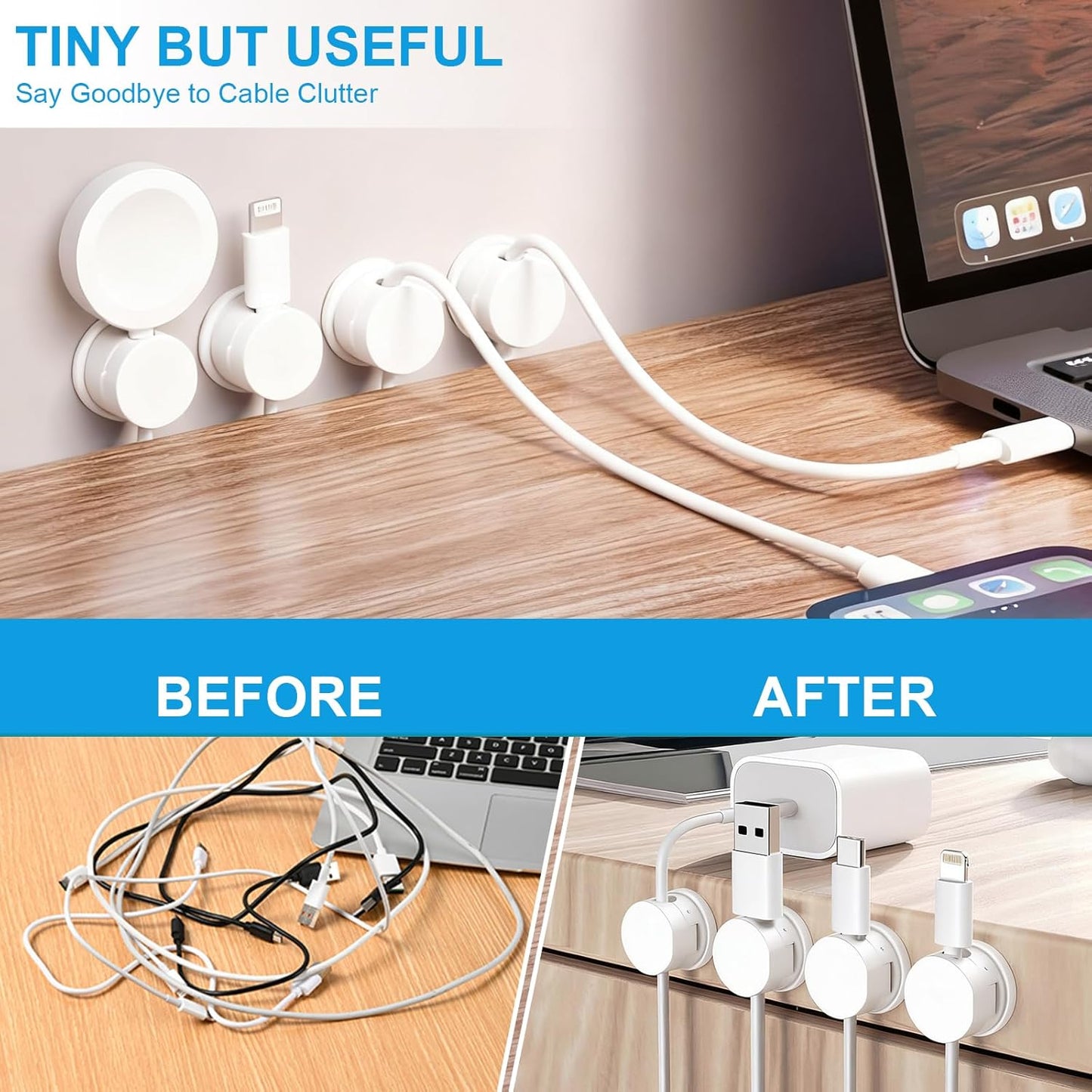6pcs Magnetic Cord Organizer, 360° Swiveling Adhesive Cable Clips - Compact Cord Holder for Nightstand, Desk, Car, Kitchen & Home Office - Charger Holder Management Solution by MarLigavid (White)