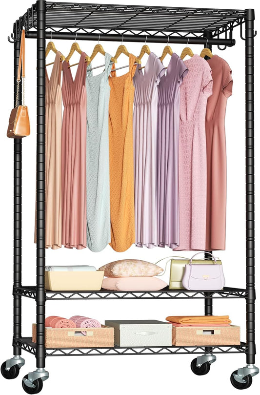 FUTASSI P6 Rolling Clothes Rack Heavy Duty, Clothing Racks for Hanging Clothes, Freestanding Garment Rack with Wheels, Portable Closet Rack Max Load 380 LBS, 35.5'' W x 14'' D x 74.6'' H, Black