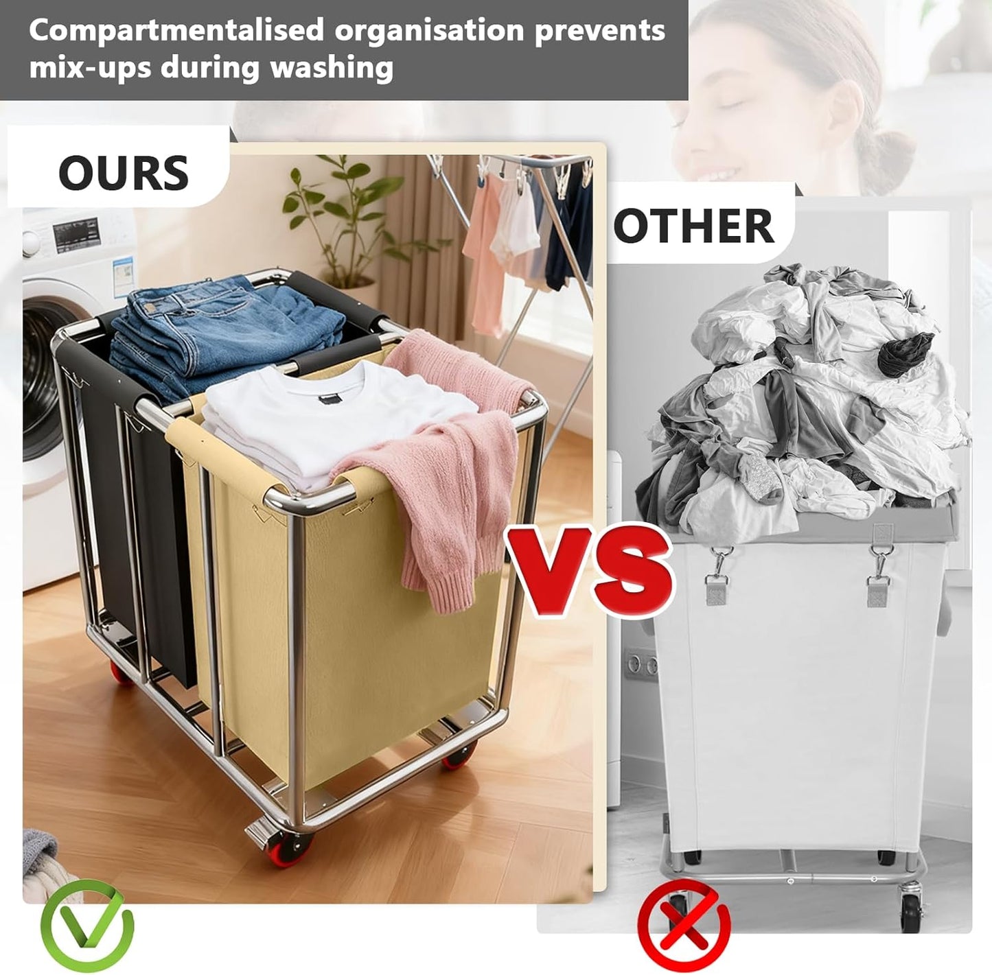 Commercial Laundry Cart with Wheels, 400L 2-Section Large Lanudry Hamper with Wheels, Heavy-Duty Rolling Laundry Cart with Silent Rubber & Waterproof Oxford Bags (Black Beige)