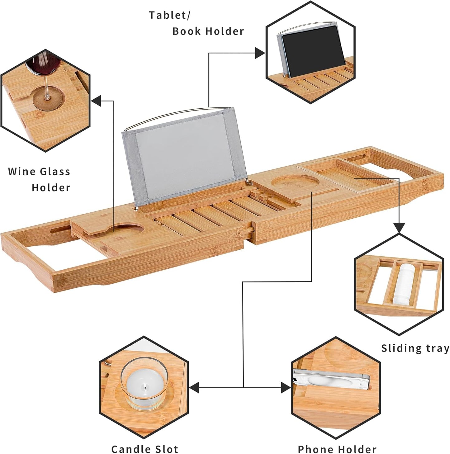 Utoplike Bamboo Bathtub Caddy Tray Bath Tray for Tub, Adjustable Bathroom Bathtub Organizer with Book Tablet Wine Glass Cup Towel Holder