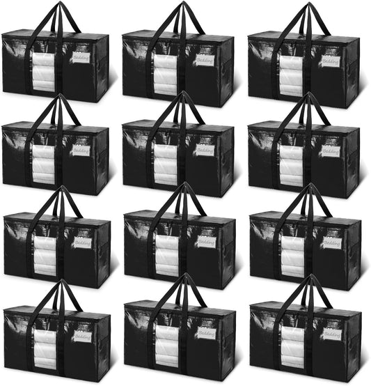 TAILI Extra Large Moving Bags, 12 Pack Black Heavy Duty Totes for Storage with Visible Window, Wrap Around Handles, Storage Bags for Space Saving, Alternative to Moving Boxes
