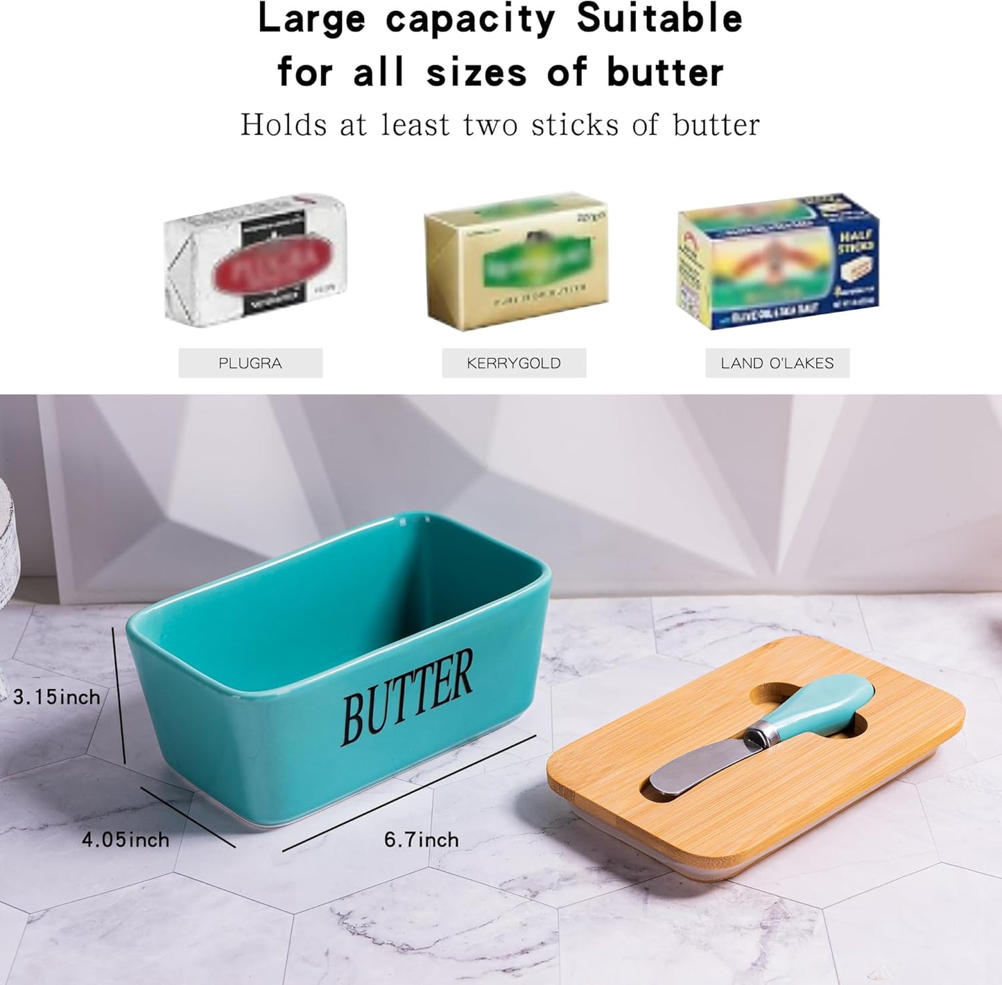 Large Butter Dish with Lid for Countertop, Ceramic Butter Stick Holder Container with Cover and Knife for Fridge