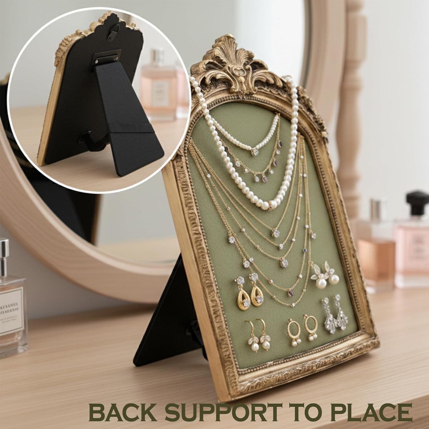 Green Velvet Jewelry Holder Organizer & Necklace Display Stand, 10 * 6.7inches Vintage Jewelry Storage with Gold Frame for Bracelet Earring Rings, Pearl