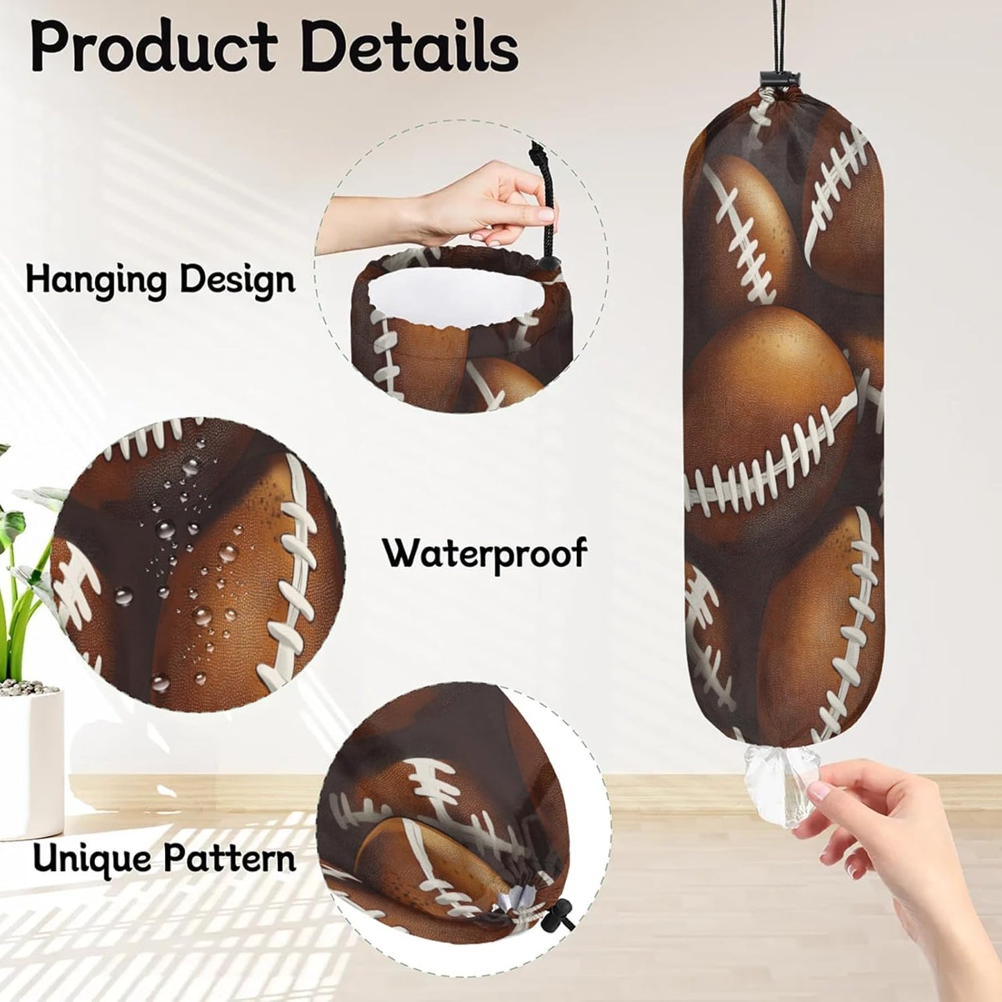 American Football Plastic Bag Holder 2 Pcs Grocery Bag Organizer Reusable Trash Bags Organizer Wall Mount Washable Kitchen Dispenser Holders with Drawstring Closure