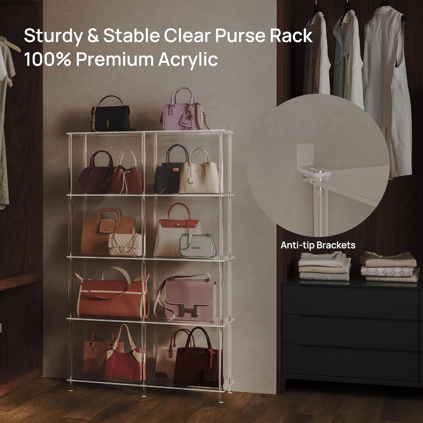 HMYHUM 5-Tier Acrylic Purse Organizer, Large Capacity, Multi-Functional Purse Rack, Floor Standing Handbag Organizer for Purse Storage, for Cloakroom, Foyer, Bedroom, Entryway, Easy Assembly