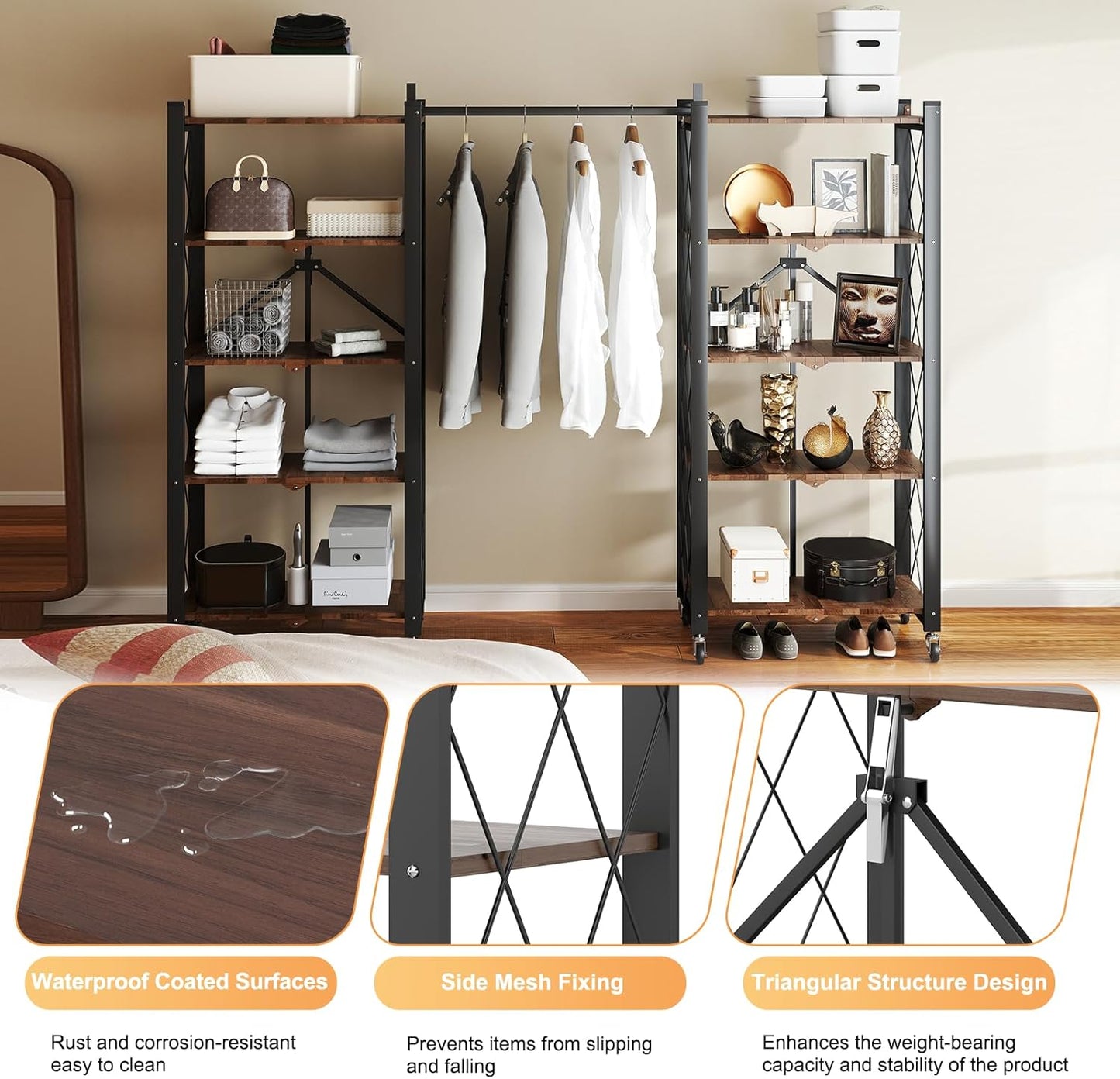 5-Tier Foldable Storage Shelves with Wheels, Folding Metal Shelf Unit, Folding Bookshelf no Assembly, Collapsible Shelves for Craft Shows for Kitchen, Bedroom, Living Room, Rustic Brown