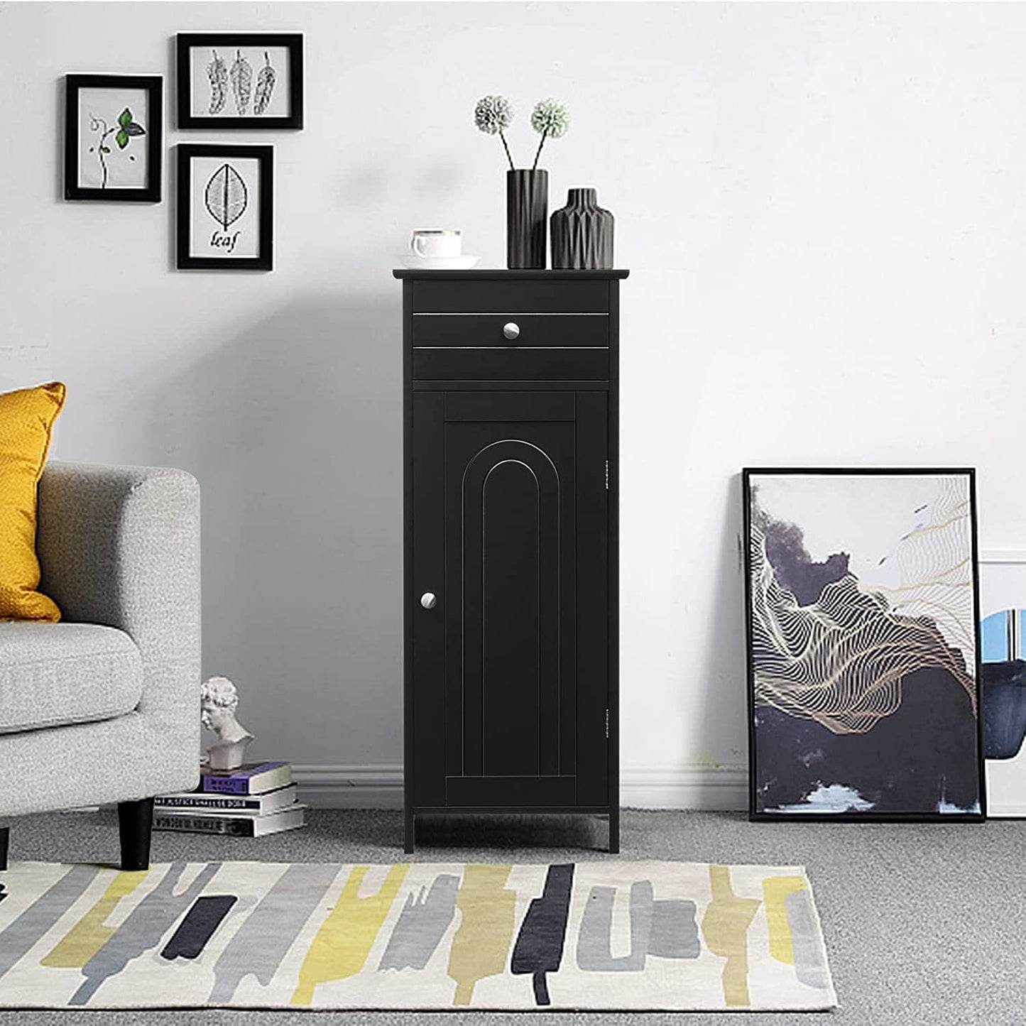 HAPPYGRILL Bathroom Floor Cabinet, Single Door Floor Storage Cabinet Organizer with Drawer and 3-Level Adjustable Shelves, Bathroom Cabinets Freestanding with Anti-Tipping Device for Living Room