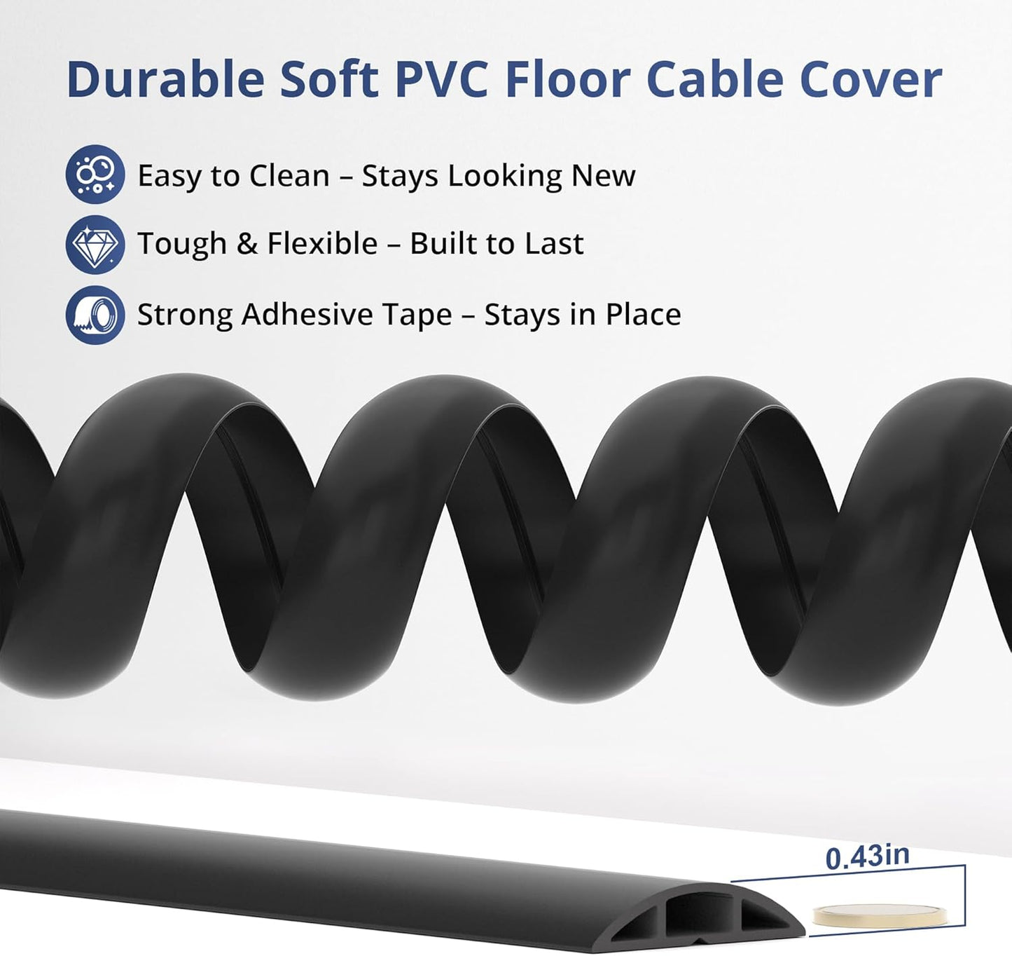 ZhiYo 5.6ft Cord Covers for Wires on Floor, Cord Hider Floor Hide Extension Cords, Soft PVC Cable Cover Cable Protector, Wire Cavity W0.62in H0.31in, Black