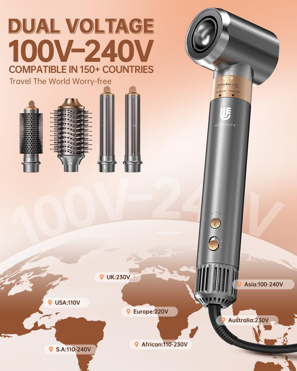 Hair Dryer Brush, webeauty 5 in 1 Professional Hot Air Styling, High-Speed Negative Ionic Hair Dryer Fast Drying, Multi Hair Styler with Air Curling Iron, Volumizing, Straightening (Grey Gold)