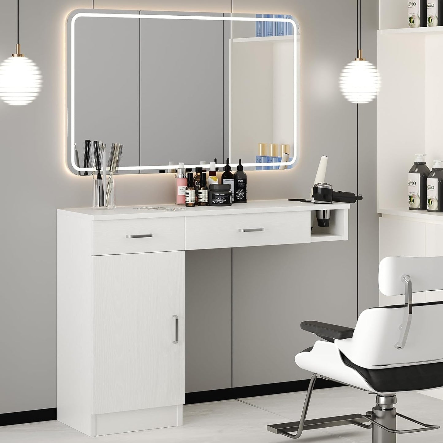 4ever2buy Salon Stations for Hair Stylist, Wall Mount Barber Station with Barber Cabinet, Hair Station Equipment Hair Dryer Holder, Drawers, Mirror not Included, White