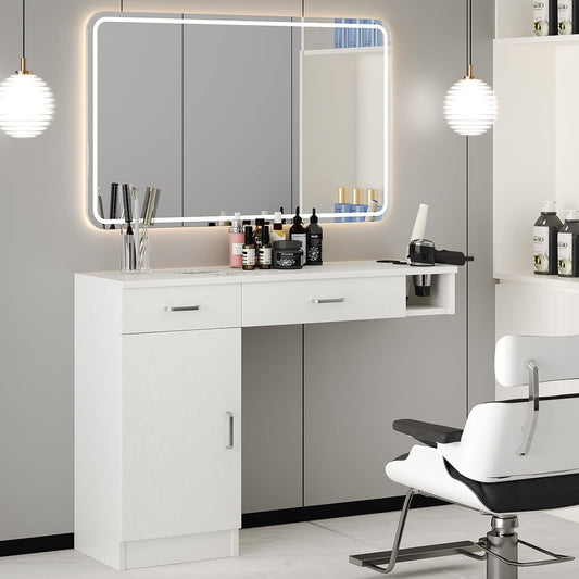 4ever2buy Salon Stations for Hair Stylist, Wall Mount Barber Station with Barber Cabinet, Hair Station Equipment Hair Dryer Holder, Drawers, Mirror not Included, White
