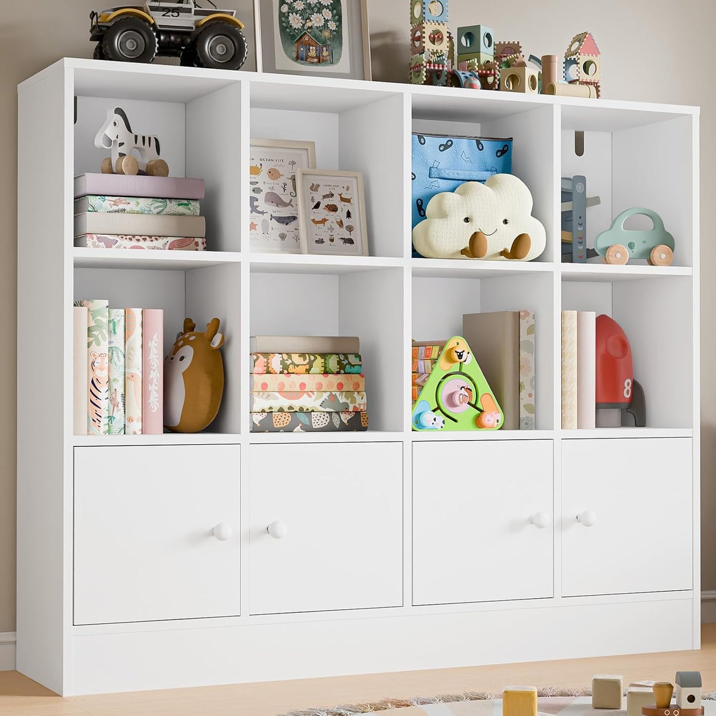 Cozy Castle White Wood Bookcase,12 Cube Storage Organizer Bookshelf with 4 Doors,3 Tier Storage Cabinet with Adjustable Shelves for Bedroom, Living Room, Office