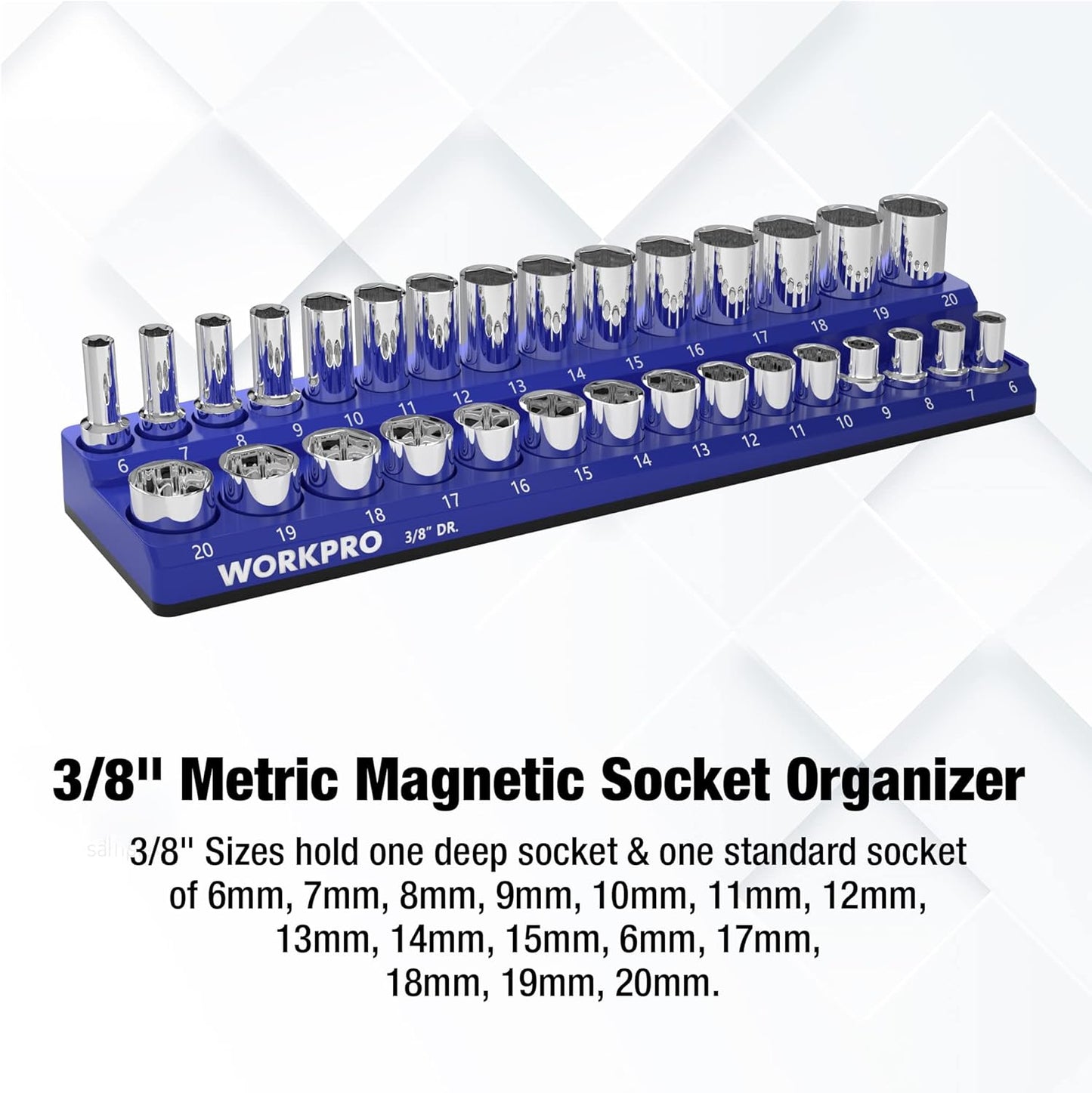 WORKPRO Magnetic Socket Organizer, 3/8-Inch Metric Socket Holder, Socket Trays Holds 30 Pieces Standard Size and Deep Size Sockets(Sockets not Included)