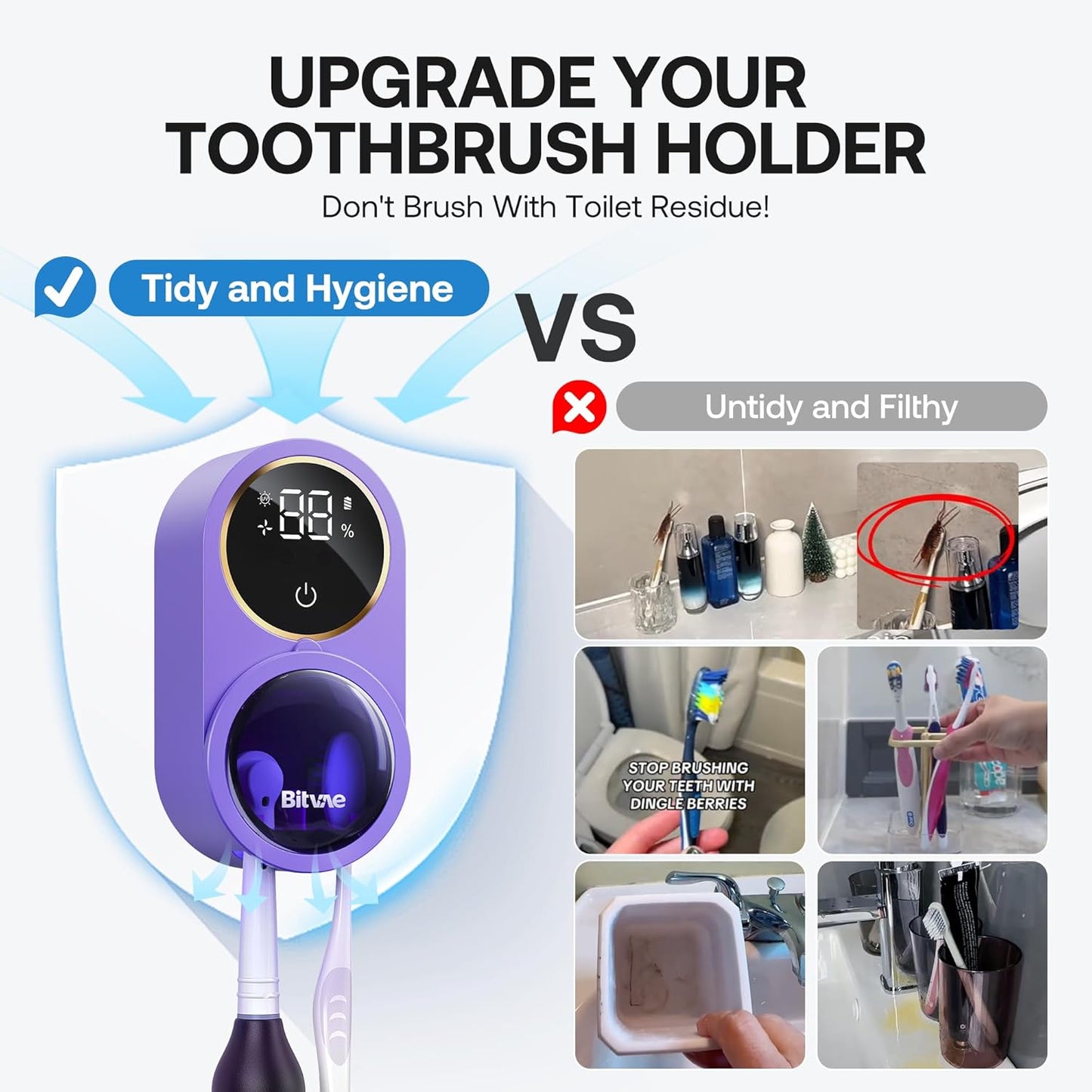 Bitvae Upgraded Tooth Brush Holder for Bathroom 2.0, Infrared Sensing Toothbrush Cleaner, Wall-Mounted for Most Size Toothbrushes, Air Drying, LED Smart Screen, Purple