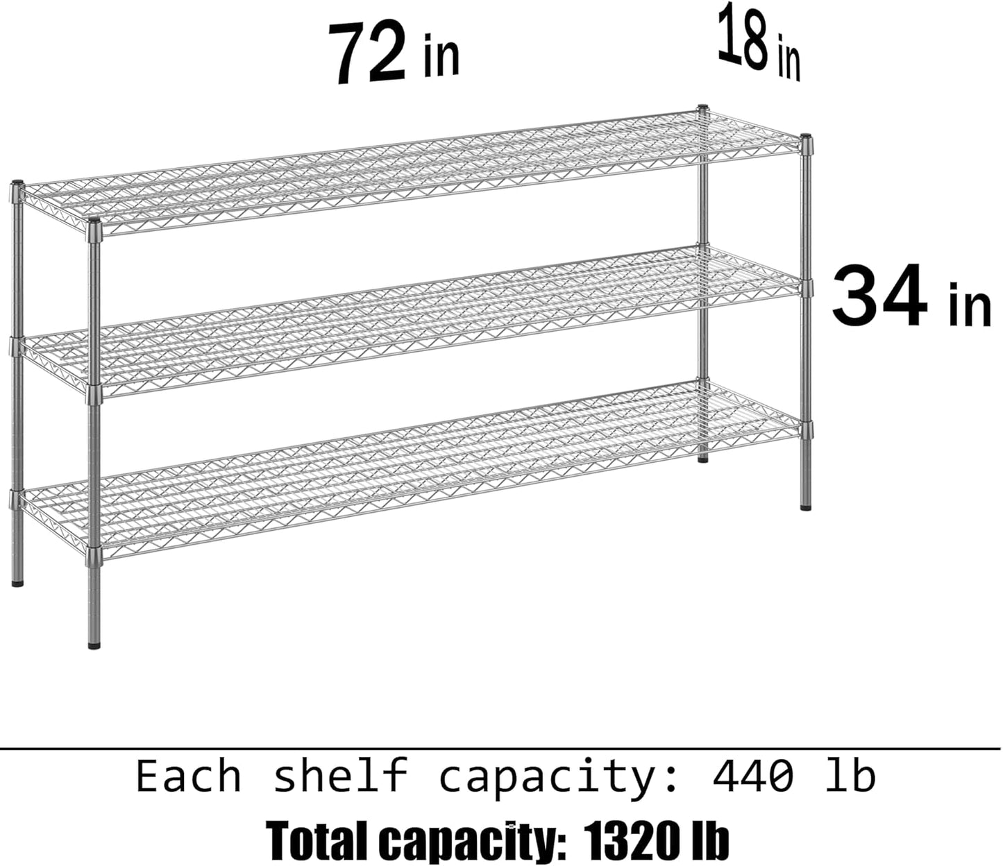 18" Deep x 72" Wide x 34" Height Wire Shelving Kit | 3-Tier | NSF Commercial Storage Rack Unit