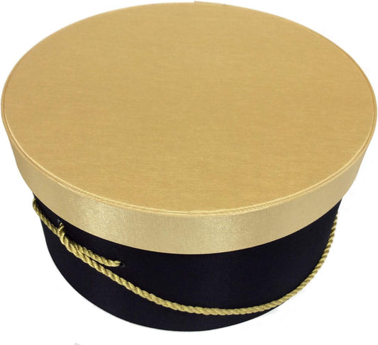 Sarah's Hat Boxes Classic Black/Gold Hat Box – 14.75" x 7.5" (Dia. x Ht.) Handmade in USA – Odorless Non-Toxic Adhesive, Cording Handle – Premium Storage for Hats & Accessories