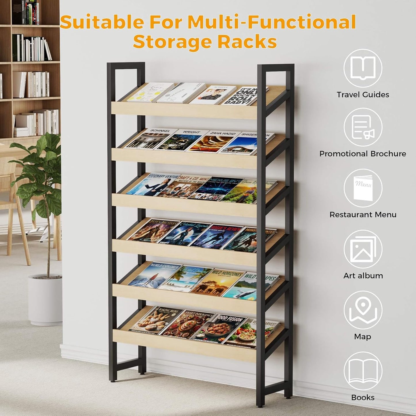 6-Tier Floor Standing Magazine Rack, Modern Literature Display Stand, Heavy Duty Steel Display Shelf with 38° Slant & 2.75" Lip, for Office/Airport/Bookstore/Library, 39"L x 12"W x 71"H (Black)