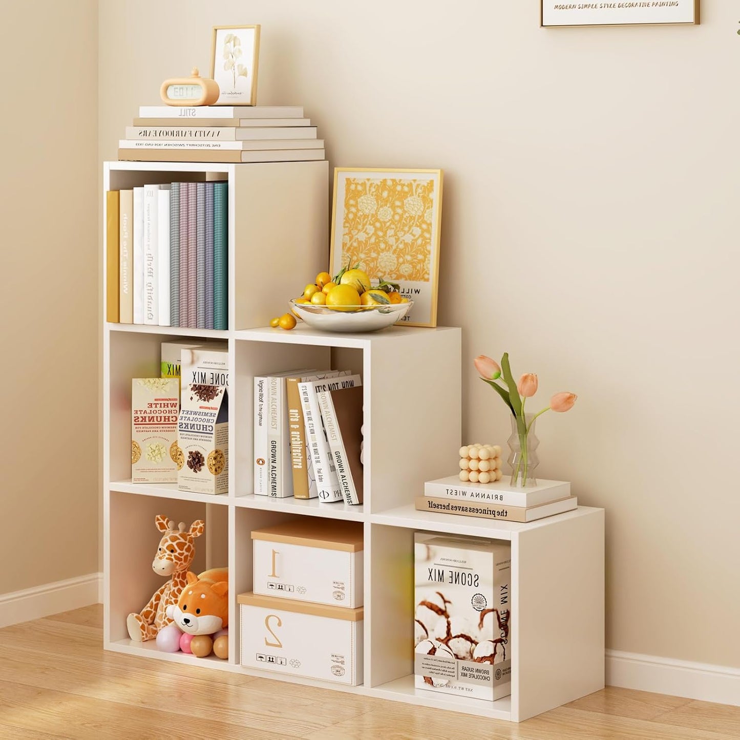 Ladder Cube Storage Bookcase - Wooden L-Shaped 3-Tier Corner Shelf, Reversible 6-Cube Organizer for Home & Office, White