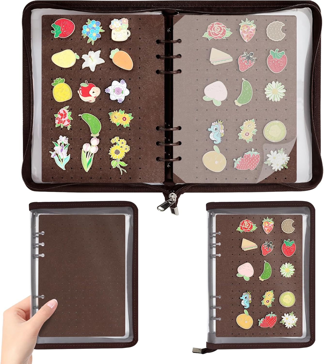 Enamel Pin Display Book Pin Collection Binder Holder Trading Book with 8-Page Display Boards A5 Brooch Pin Storage Organizer Binder Album for Travel Collectors (Dark Brown)