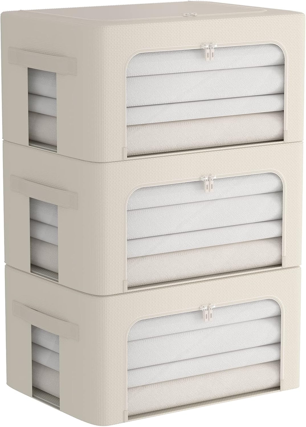 CYhom 3Pack Frame Storage Box - Clothes Storage Bin Bags Oxford Fabric Foldable Stackable Container Organizer Set with Clear Window & Carry Handles (Beige, Medium-44L)