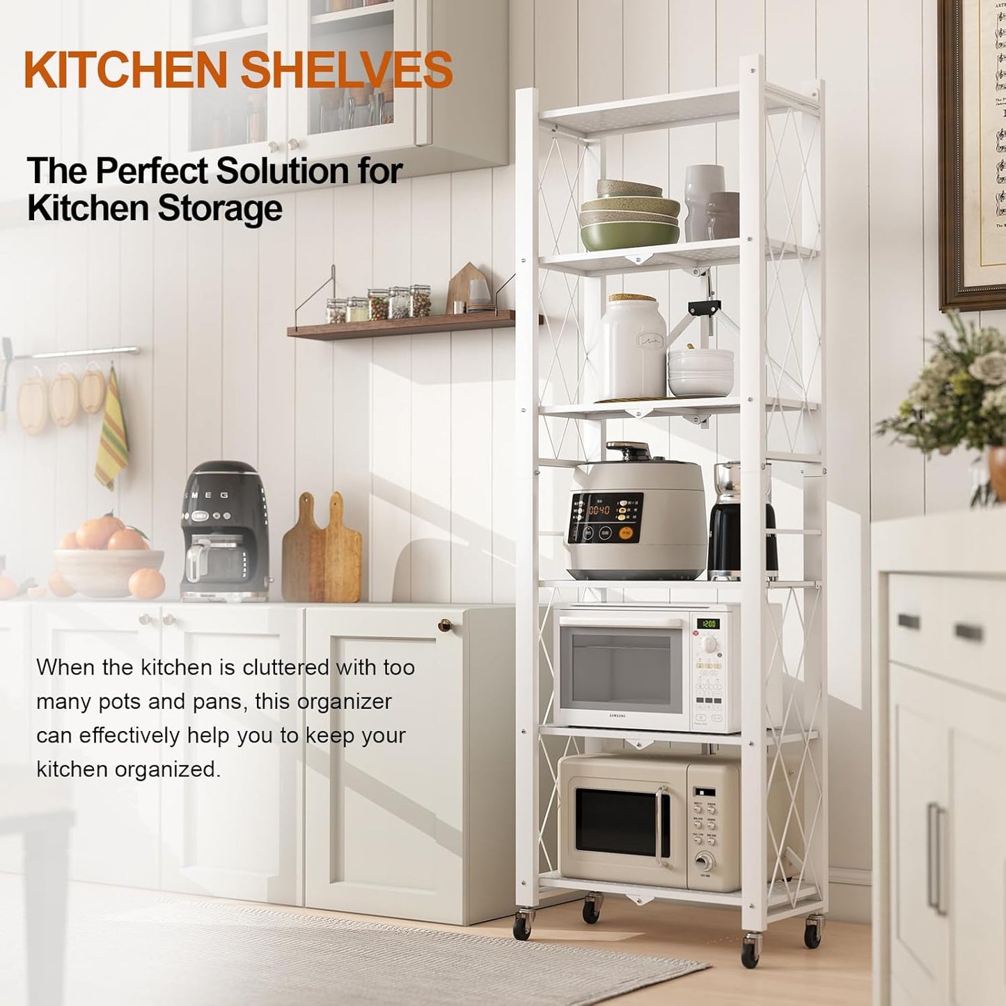 6-Tier Foldable Storage Shelves with Wheels, Folding Metal Shelf Unit, Folding Bookshelf no Assembly, Collapsible Shelves for Craft Shows for Kitchen, Bedroom, Living Room, White