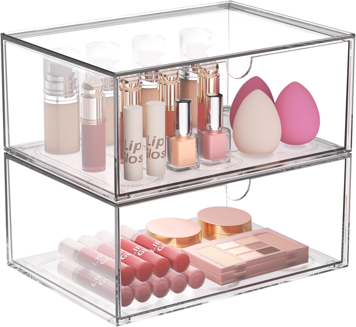 Clear Stackable Storage Drawers, 2 Pack Acrylic Makeup Organizers for Beauty Supplies, Plastic Storage Bins for Bathroom Vanity Countertop, Cabinet, Pantry, Kitchen Undersink, Desk Organization
