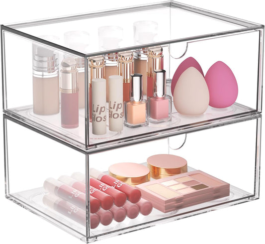 Clear Stackable Storage Drawers, 2 Pack Acrylic Makeup Organizers for Beauty Supplies, Plastic Storage Bins for Bathroom Vanity Countertop, Cabinet, Pantry, Kitchen Undersink, Desk Organization
