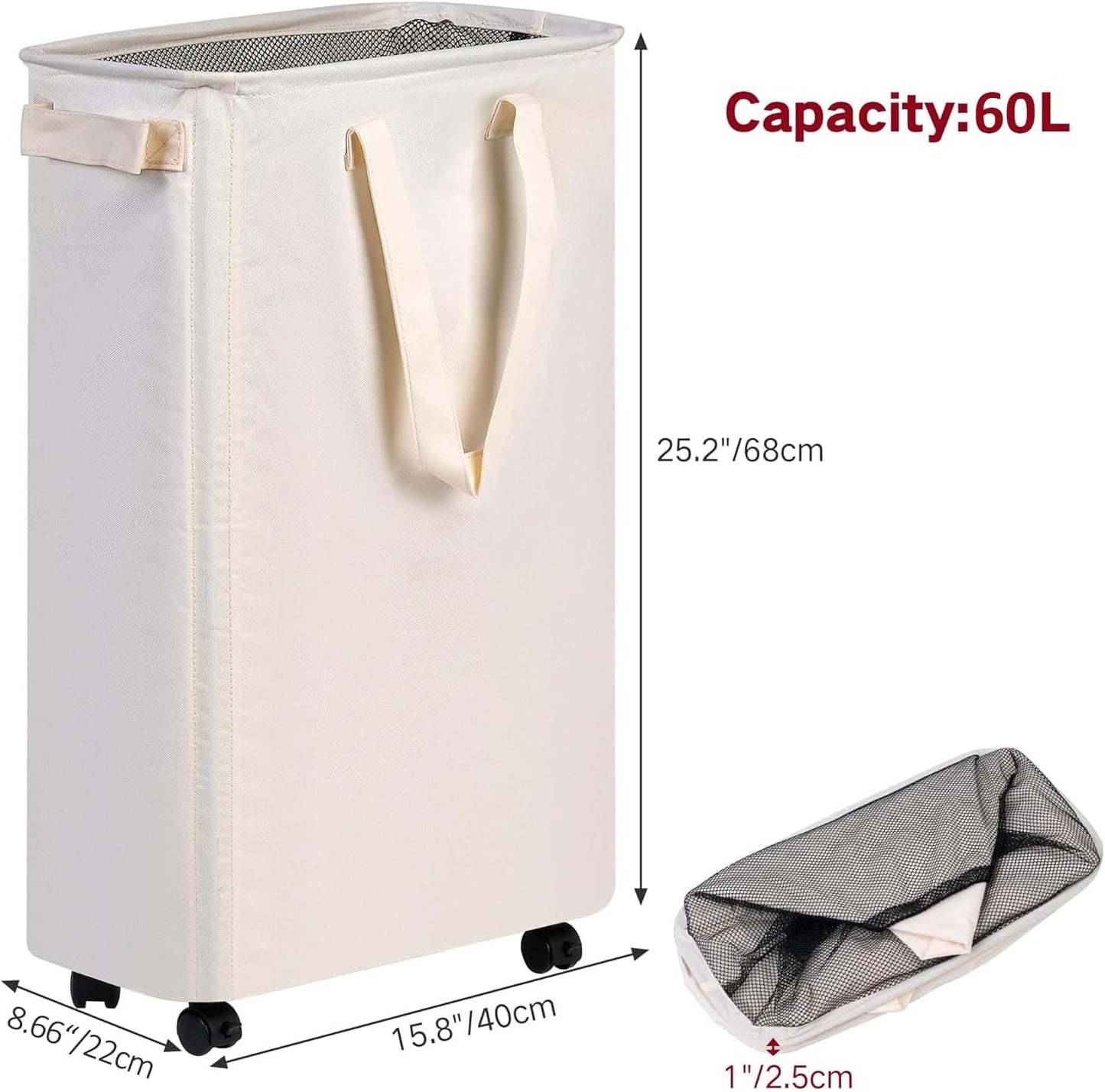 efluky Slim Laundry Hamper with Wheels, Rolling Laundry Basket for Clothes, Small Laundry Basket for Bedroom, Dorm and Laundry Room, 60L (12.7 Gallons) Beige