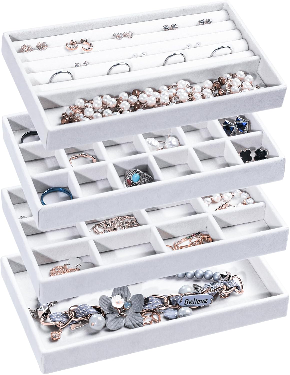 Frebeauty Jewelry Organizer Tray,Stackable Velvet Jewelry Trays,Drawer Inserts Earring Organizer For Women Jewelry Storage Display Case for Rings Stud Necklaces,Set of 4(White)