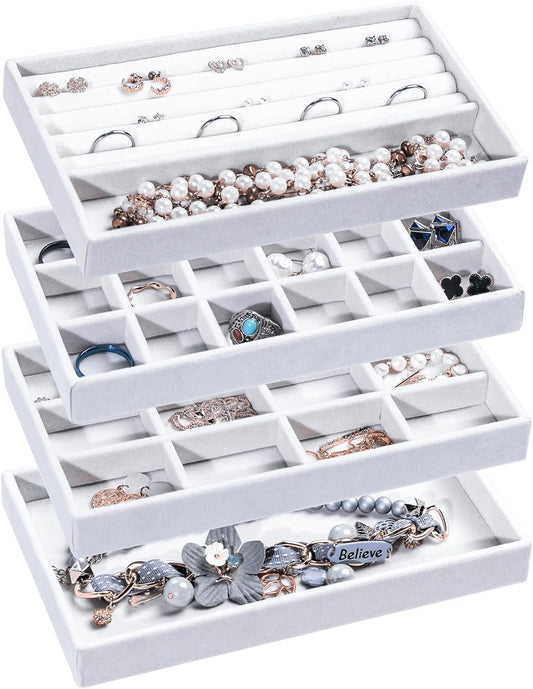 Frebeauty Jewelry Organizer Tray,Stackable Velvet Jewelry Trays,Drawer Inserts Earring Organizer For Women Jewelry Storage Display Case for Rings Stud Necklaces,Set of 4(White)