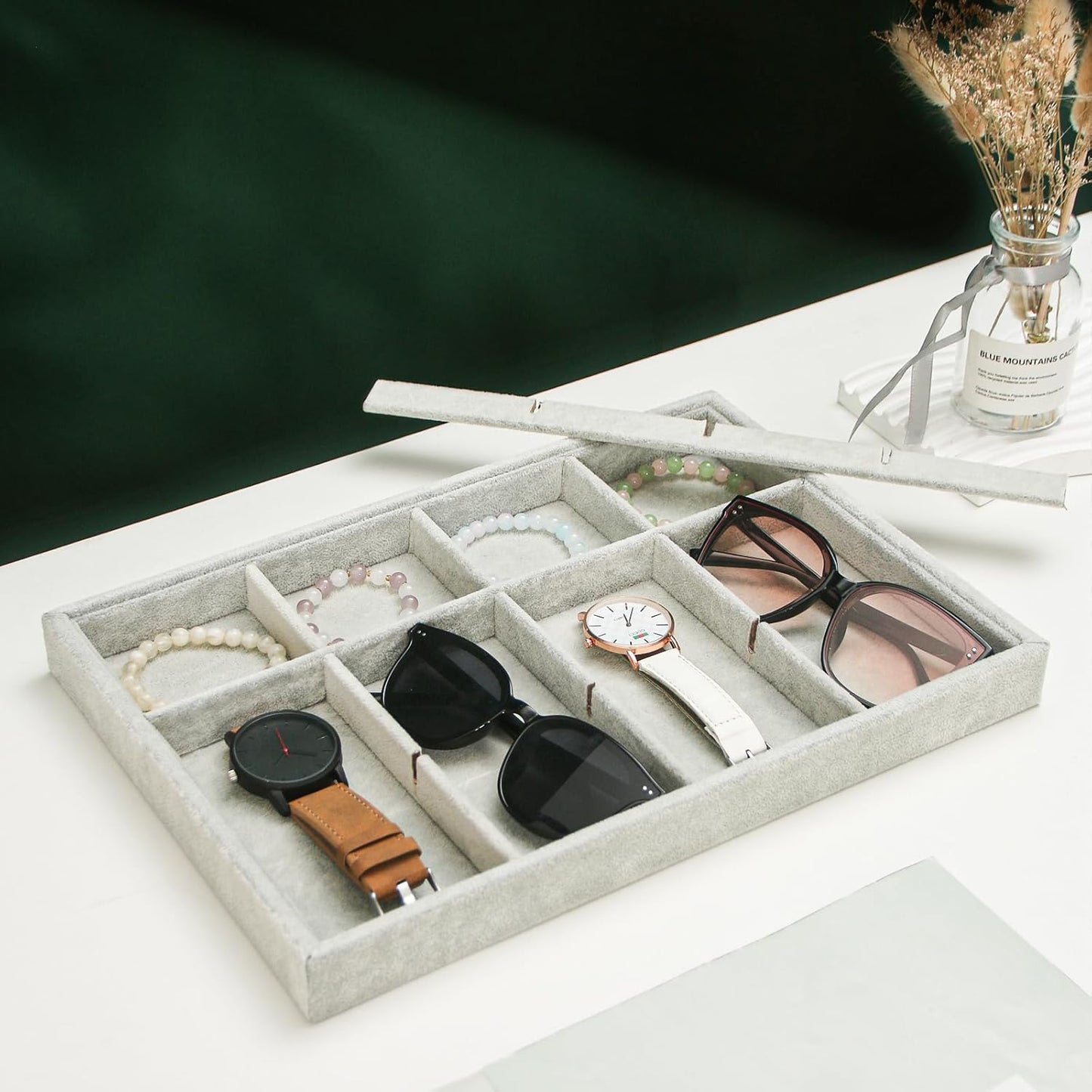 2pcs/Set Velvet Jewelry Tray, 12 Grids Large Storage Tray for Bracelet Bangle Beads Display, Jewellery Organizer Box Tray for Home Drawer or Shop Store Selling Show (Grey Velvet)