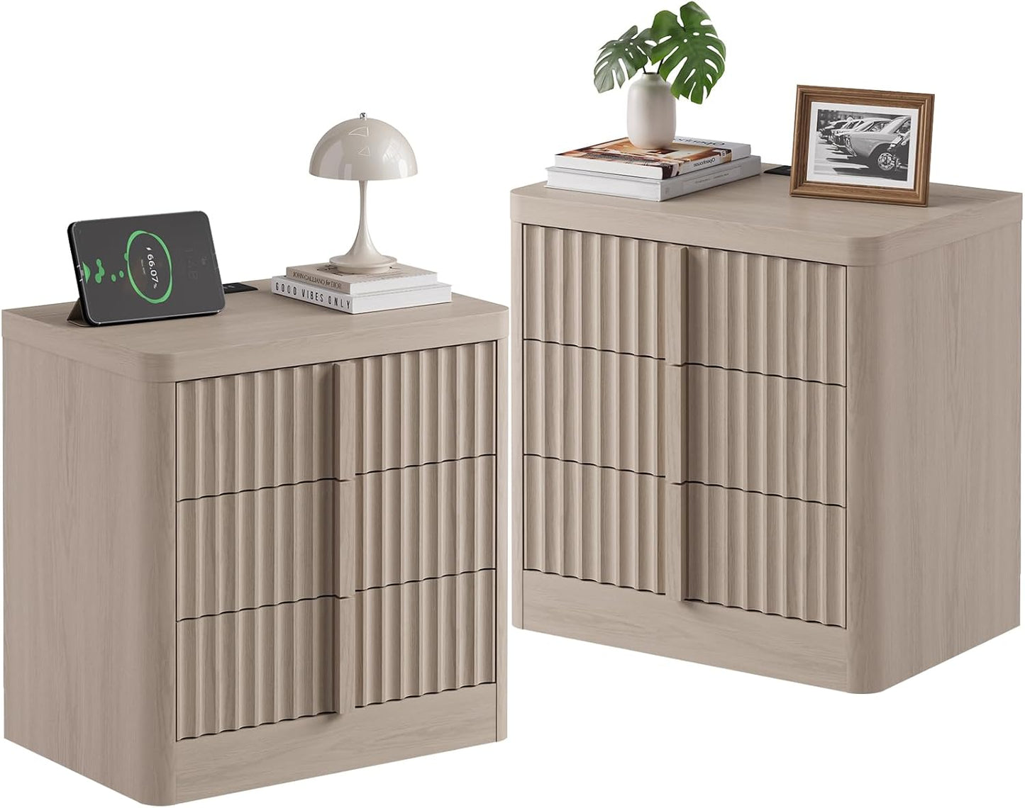 Fluted Nightstand Set of 2 with Charging Station, 23.6" Wood End Table with Solid Wood Handle, Mid Century Moden Bedside Table 3 Drawer Dresser for Bedroom, Living Room, White Alder