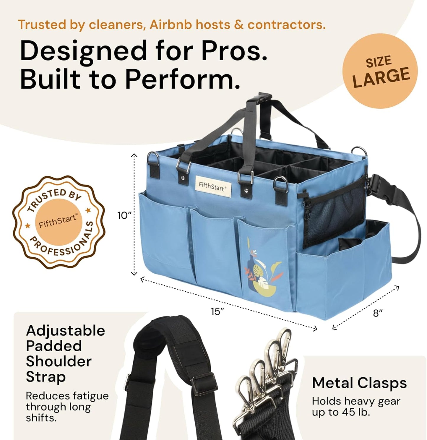 FifthStar Cleaning Caddy Bag for Professionals - Heavy-Duty Organizer with Shoulder Strap, 9 Pockets, Mesh Base & Adjustable Compartments - Cleaning Supplies Organizer for Crews (Blue, Large)