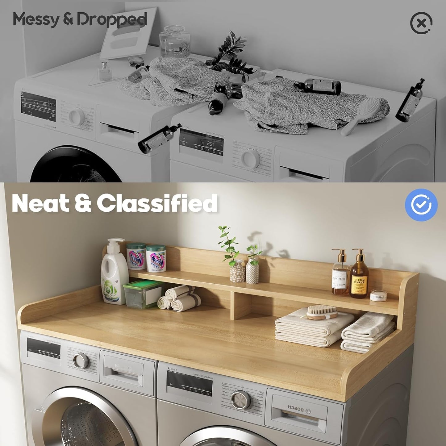 2-Tier Washer and Dryer Countertop,2.75" H Guard,58" W x 28" D Laundry Countertop Cover with Non-Slip Pad,Large Space Laundry Topper for Folding Clothes Over Washer and Dryer-Pure Wood Color