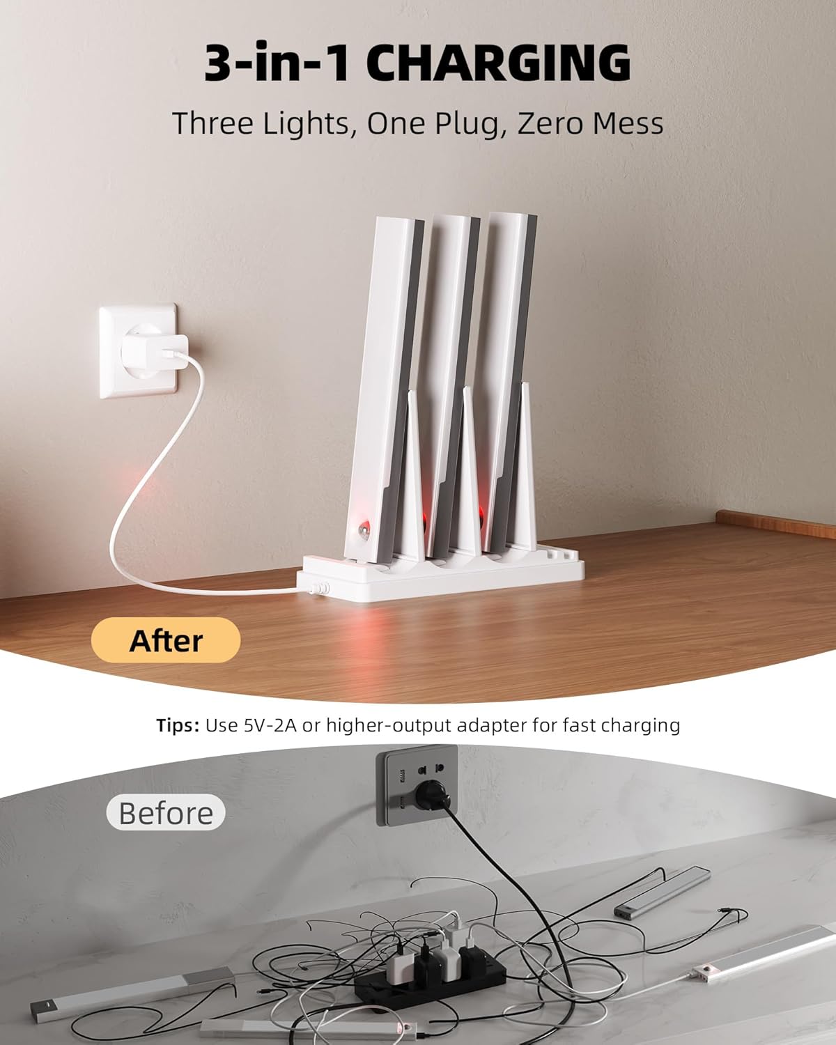EZVALO 3-Pack Under Cabinet Lighting with Charging Station, 2000mAh Rechargeable Wireless Motion Sensor Lights, 3 Color Temps, Dimmable, Timer, Magnetic, with Remote Control for Kitchen, Closet