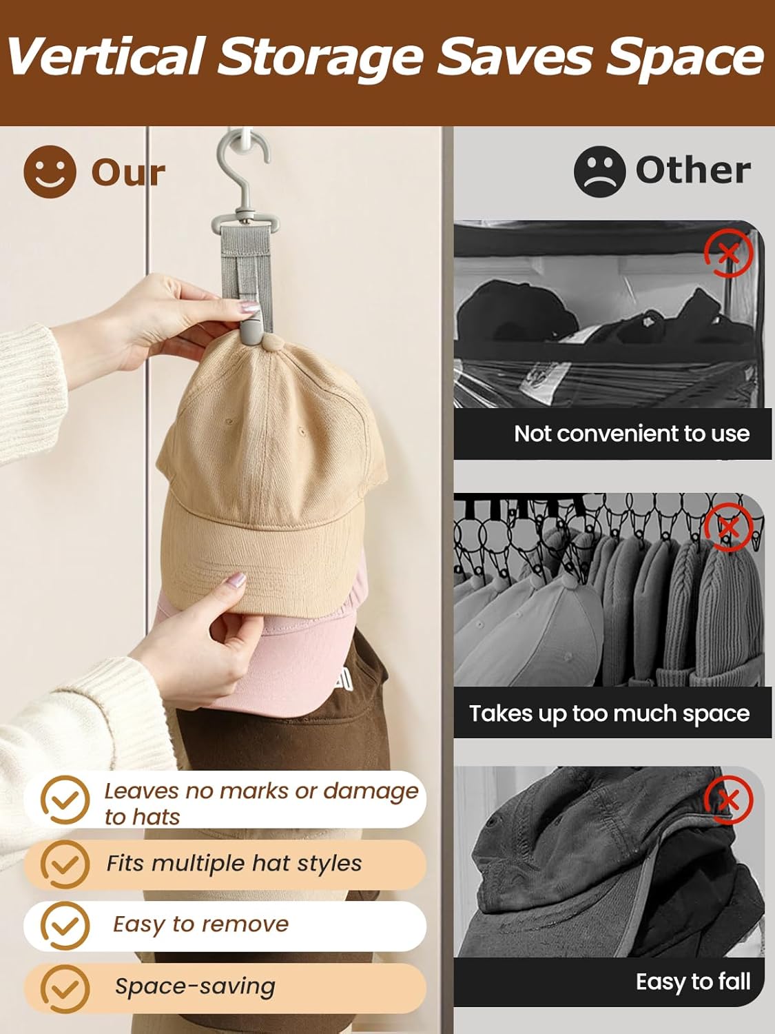 Over the Door Hat Rack - 8 Rotatable Clips Cap Organizer, Foldable Hanging Storage Holds Up to 8 Hats, Space-Saving for Baseball Caps, Closet, Bedroom, Door (Khaki,2-Pack)