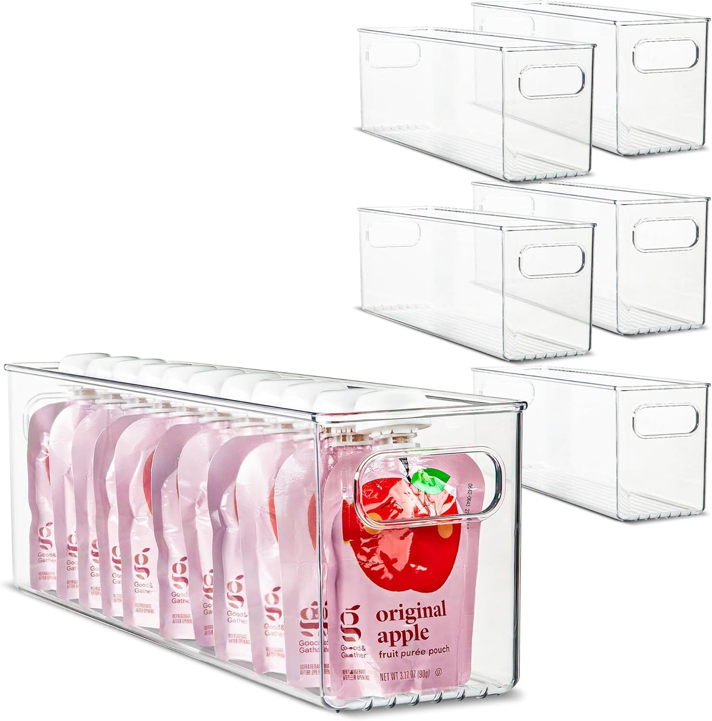 primebox Plastic Food Storage 6 Pack Clear Container Bin with Handles for Organizing Kitchen, Pantry, Fridge, Freezer, Pantry,Bathroom. 16"x4"x5"