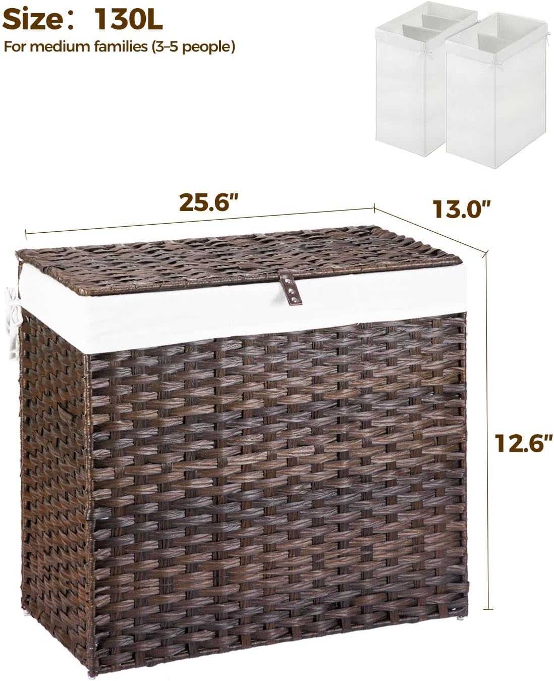 GREENSTELL Laundry Hamper with Wheels&Lid, 130L Large 3 Sections Clothes Hamper with 2 Types Removable Liner Bags, 5 Mesh Laundry Bags, Handwoven Divided Laundry Basket Brown
