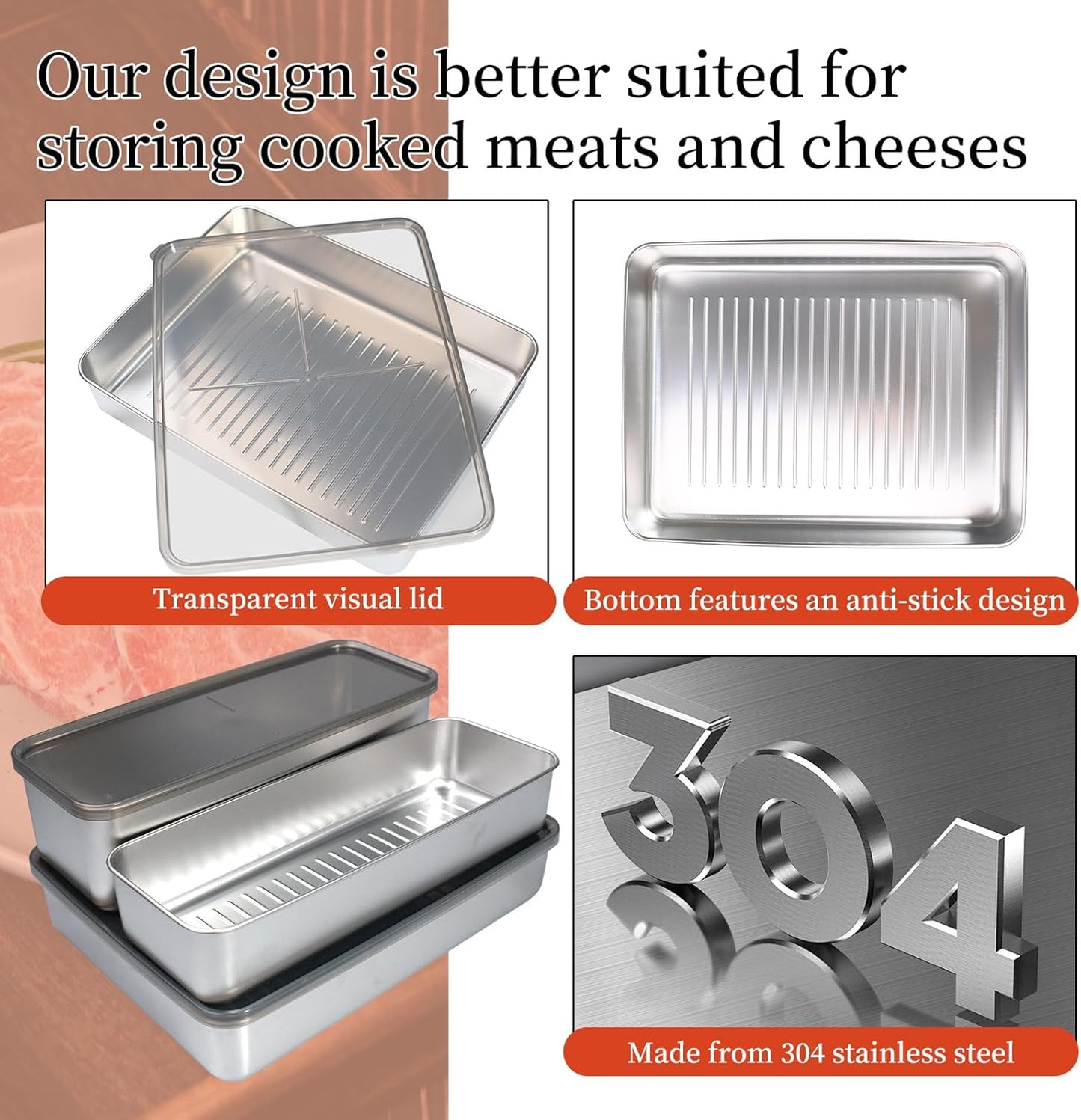 10 Pack Bacon Cheese Meat Storage Container Stainless Steel Airtight Storage Container Kitchen Food Storage Containers Fruit Tray with Lids Stackable Fridge Organizer Bins for Fruit Vegetable Food