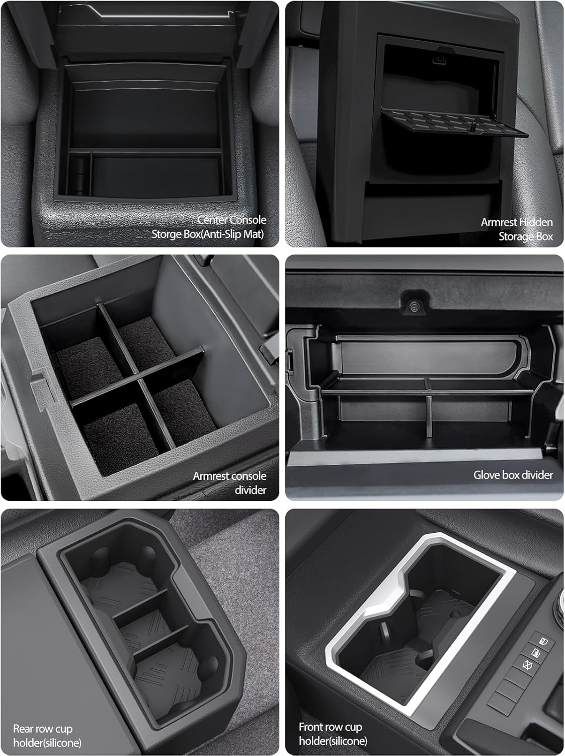 6PCS Center Console Organizer Tray for 2024 2025 Toyota Tacoma Accessories, Armrest Hidden Storage Box, Rear and Console Cup Holder Glove and Armrest Storage Box with Insert Divider for Toyota Tacoma
