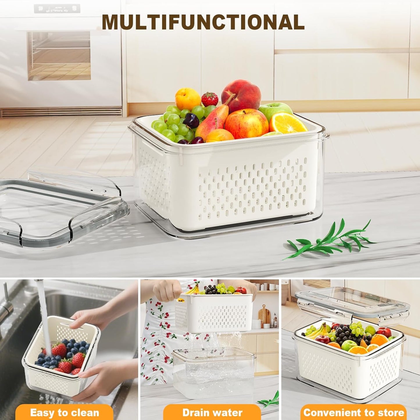 4 Pcs Fruit Storage Containers for Fridge (with Drain Basket) - Leak-Proof Food Containers, BPA-Free, Keep Fruits, Vegetables, Berries, and Meats Fresh for a Long Time, Dishwasher and Microwave Safe