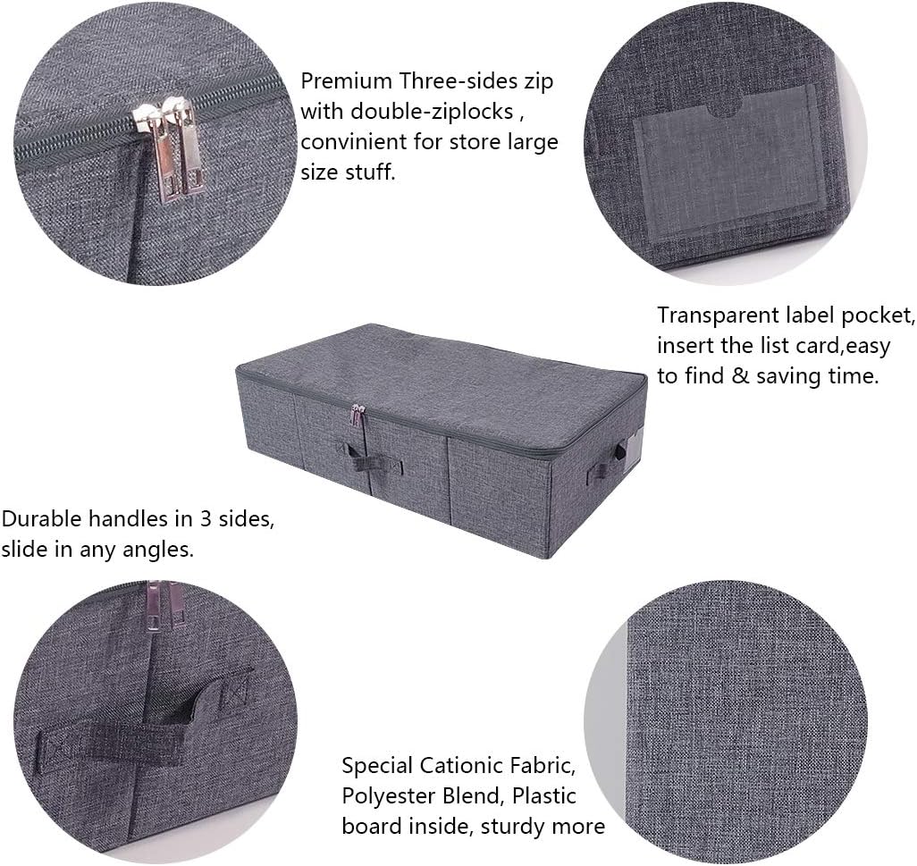 iwill CREATE PRO Underbed Storage Boxes for Bedding/Garment/Duvets/Blankets/Shoes, Folding Fabric Rigid Under bed Storage Bins with Zip Lid, Washable, Black Gray