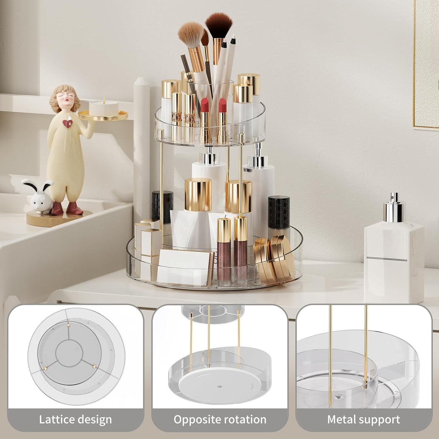 2 tier Makeup Organizer Countertop,360 Rotating Makeup Organizer for Skincare, Lipstick and Perfumes,Multi-function Cosmetic Display Cases for Vanity,Bathroom,Transparent