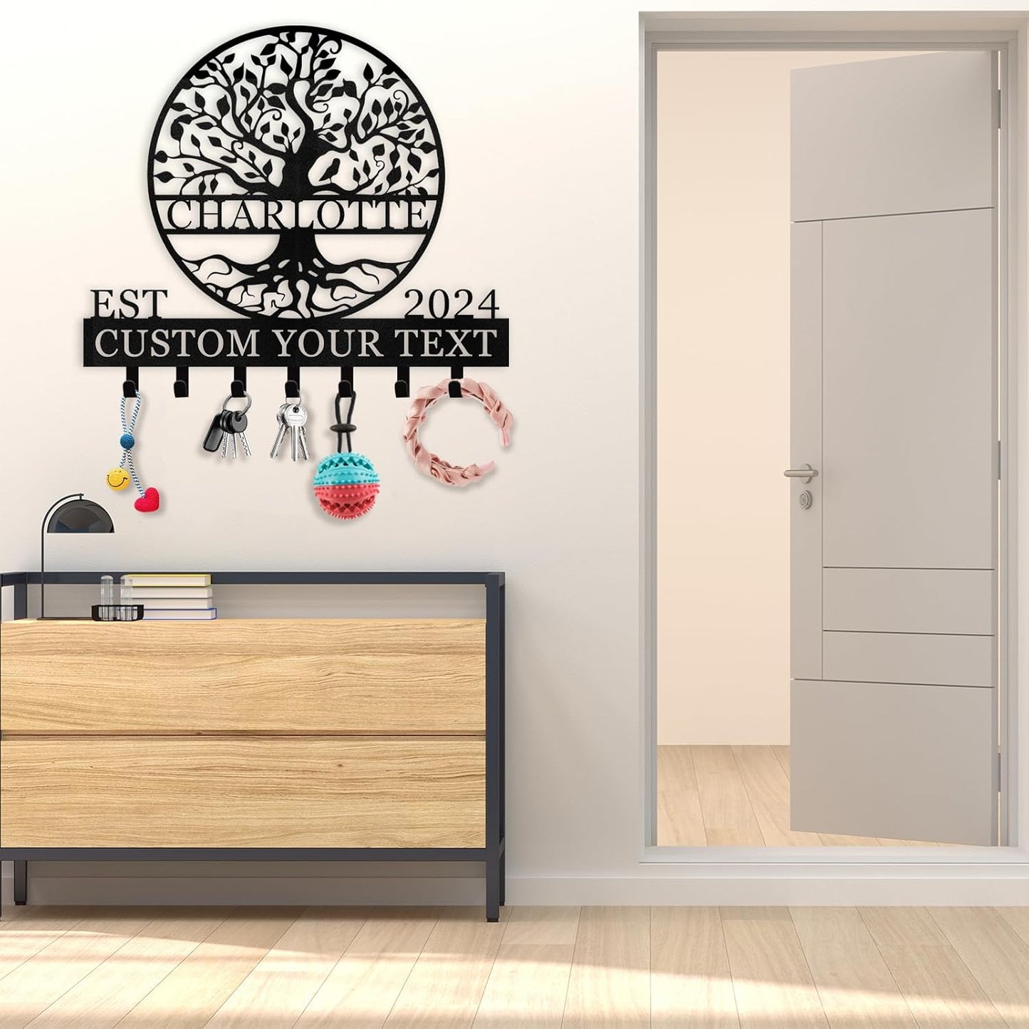 Personalized Key Holder Wall Mount - Custom Name Tree of Life Key Holder for Wall, Metal Key Rack Coat Rack for Front Door, Living Room, Kitchen, Housewarming Wedding Gift