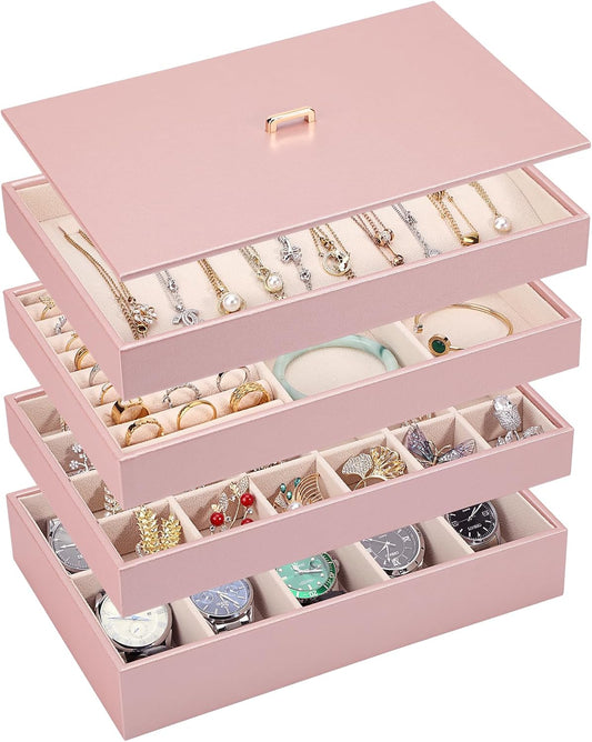 Voova Stackable Jewelry Organizer Tray with Lid, PU Leather Jewelry Storage Holder for Drawer Inserts, Jewellery Display Box Case for Earring Necklace Ring Watch Bracelet (Set of 4, Rose Gold)